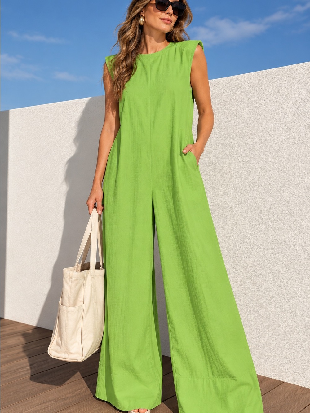 Women’s Green Sleeveless Round Neck Wide-Leg Jumpsuit Relaxed Fit M